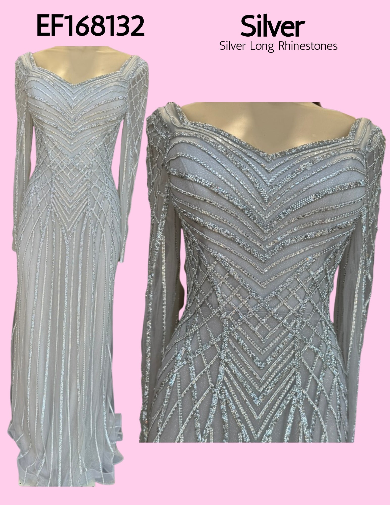 EF168132 Silver Long Sleeve Silver Rhinestones