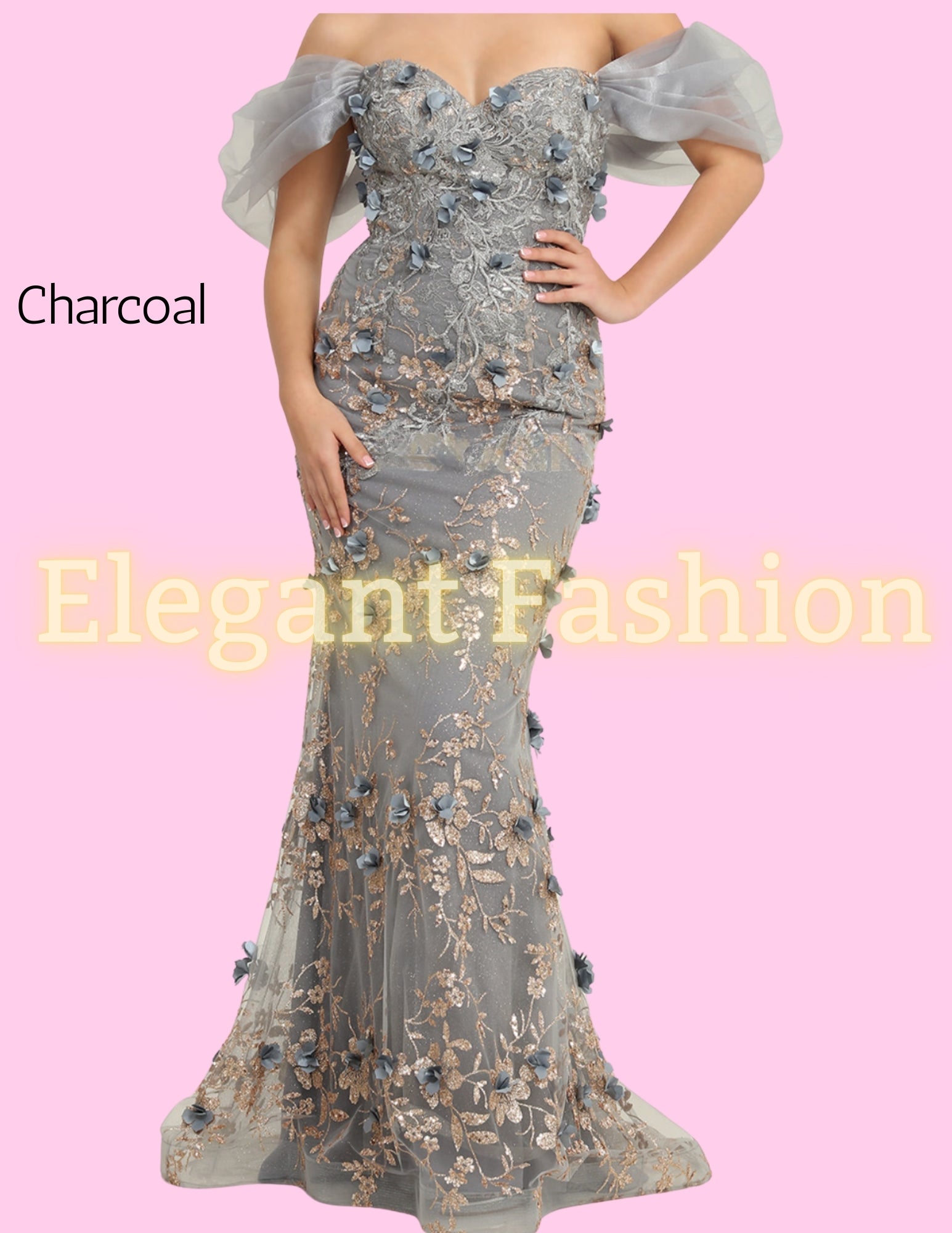 ✨ Elegant Fashion ✨  EF168037 Floral Embroidery w/Gold Glitter