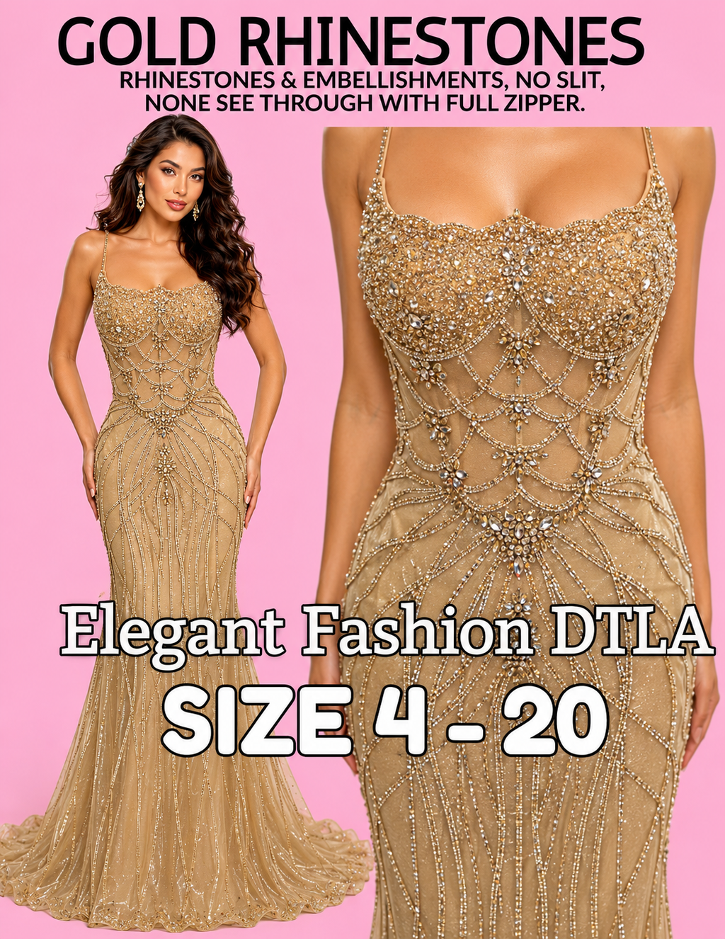 (SIZE 2-20) ✨ Elegant Fashion✨GOLD RHINESTONES