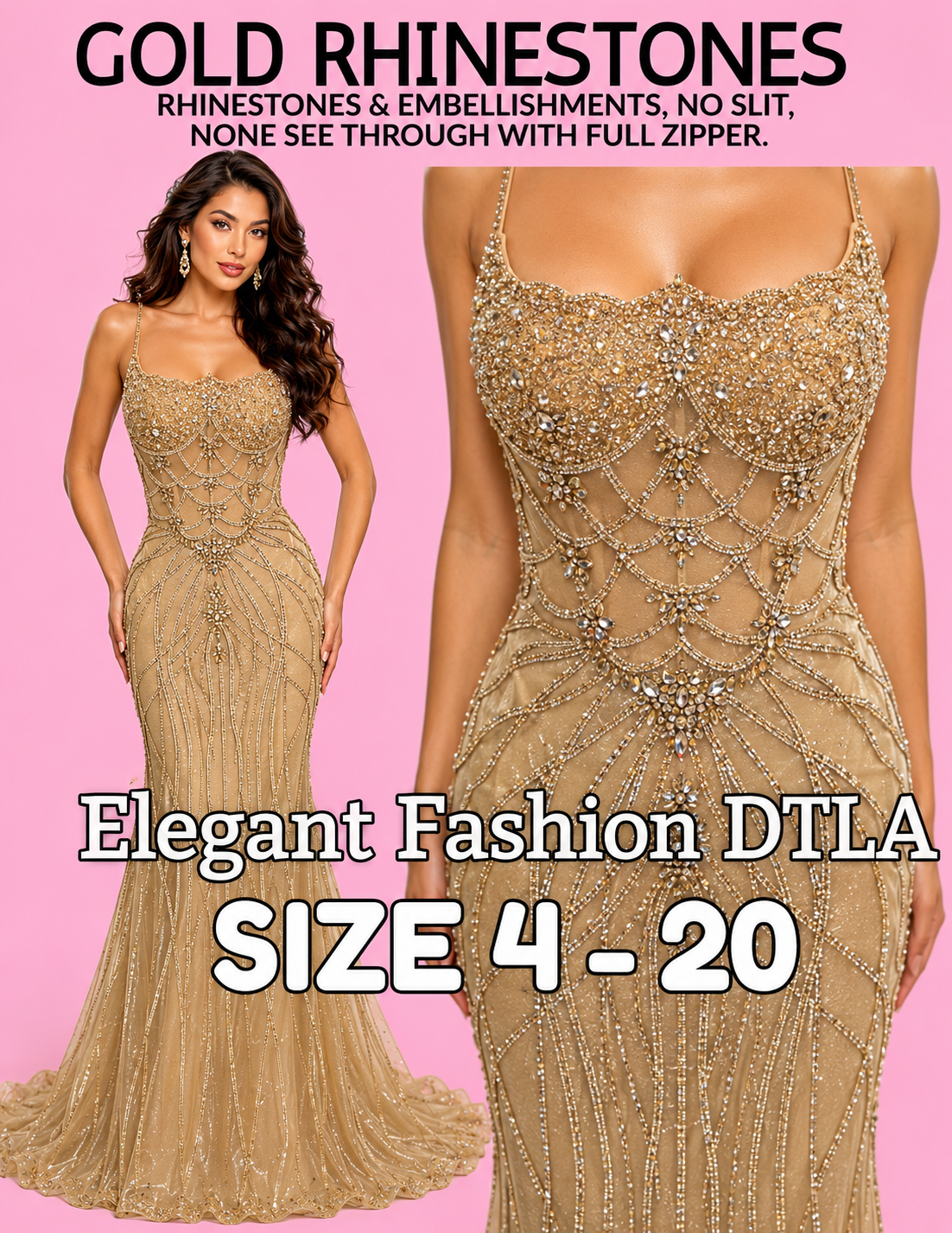 (SIZE 2-20) ✨ Elegant Fashion✨GOLD RHINESTONES