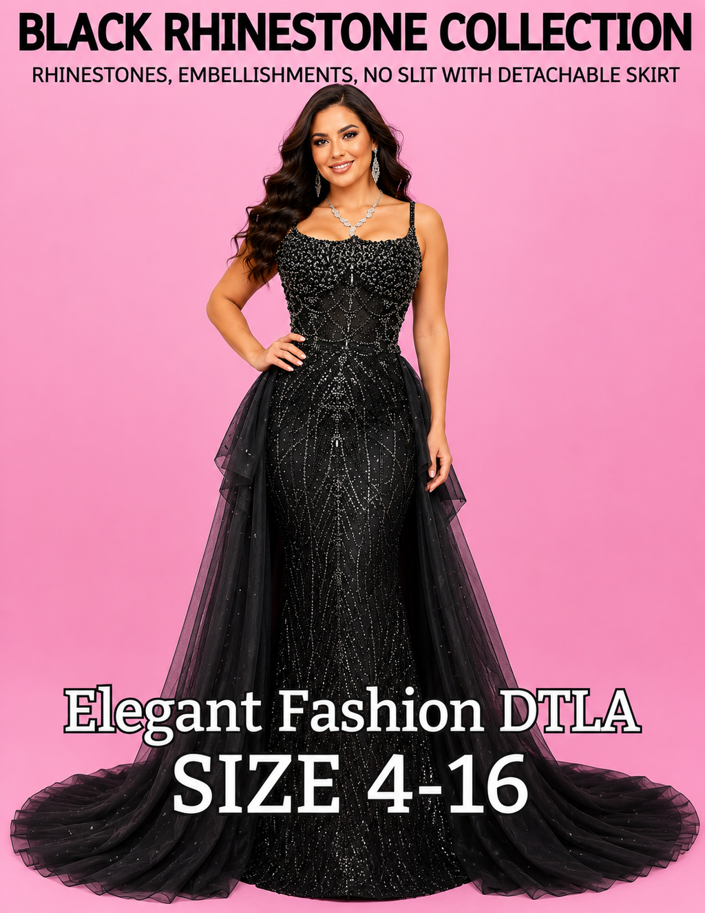 (SIZE 2-16)✨ Elegant Fashion✨ BLACK RHINESTONES W/ DETACHABLE SKIRT