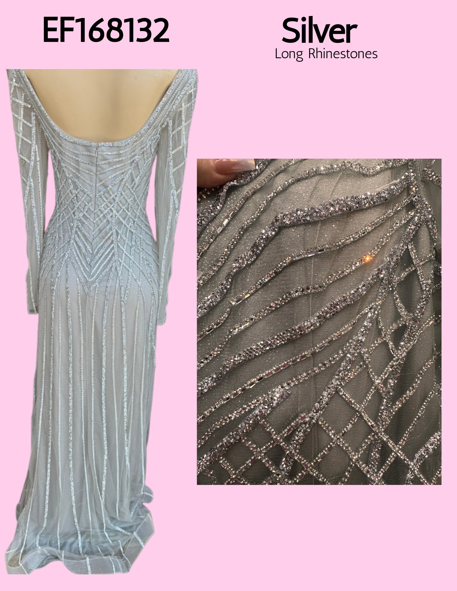 EF168132 Silver Long Sleeve Silver Rhinestones