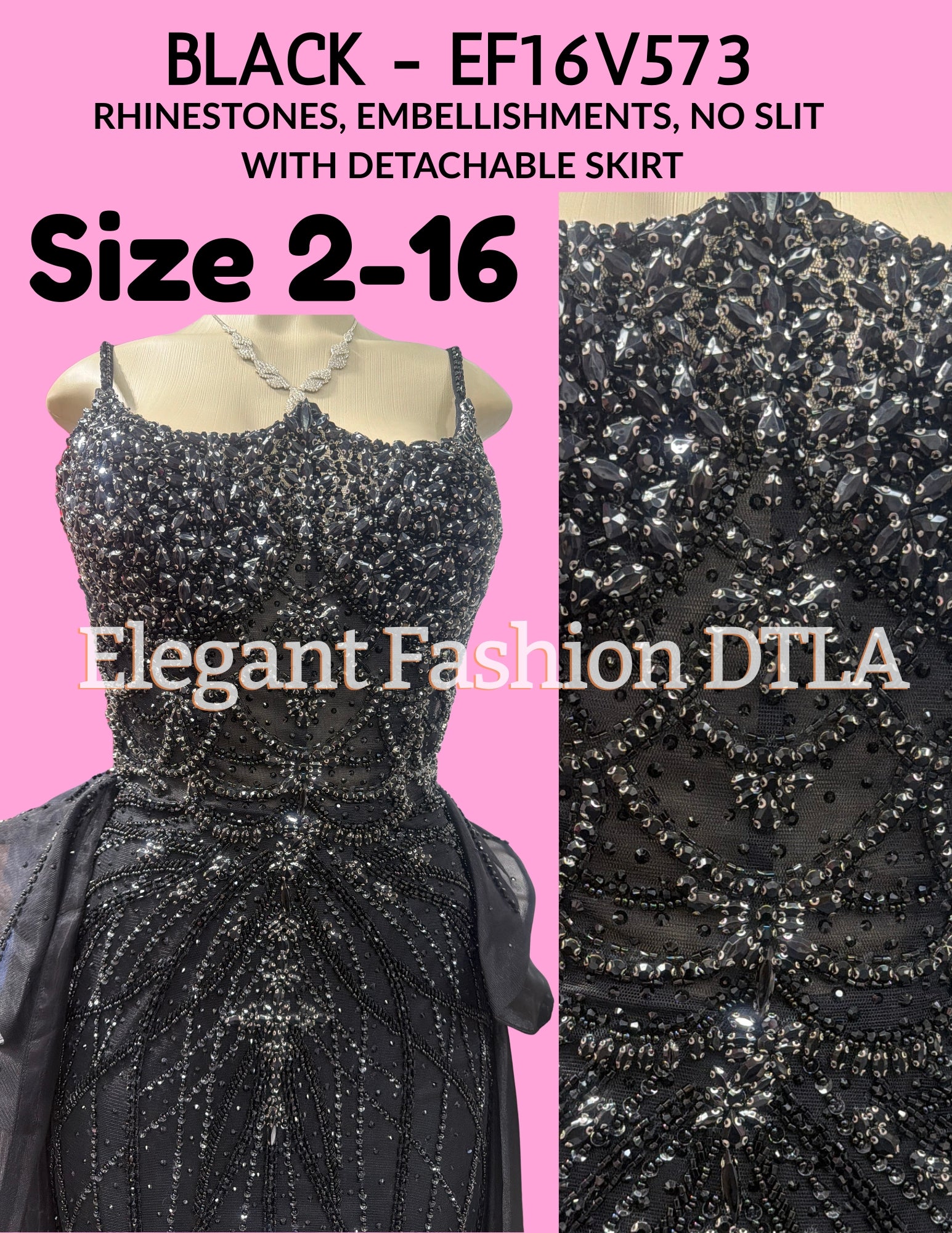 (SIZE 2-16)✨ Elegant Fashion✨ BLACK RHINESTONES W/ DETACHABLE SKIRT