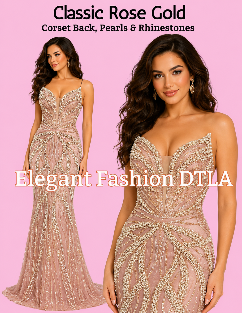 (SIZE 2-16)✨ Elegant Fashion✨ Classic Rose Gold Pearls & Rhinestones