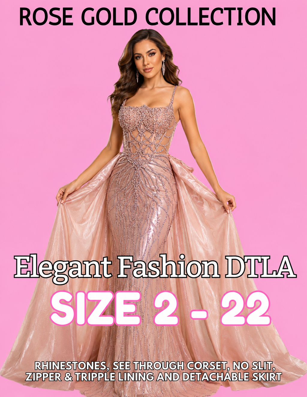 PLUS SIZE (SIZE 2-22)✨ Elegant Fashion✨ 2 COLORS: RHINESTONES W/DETACHABLE SKIRT