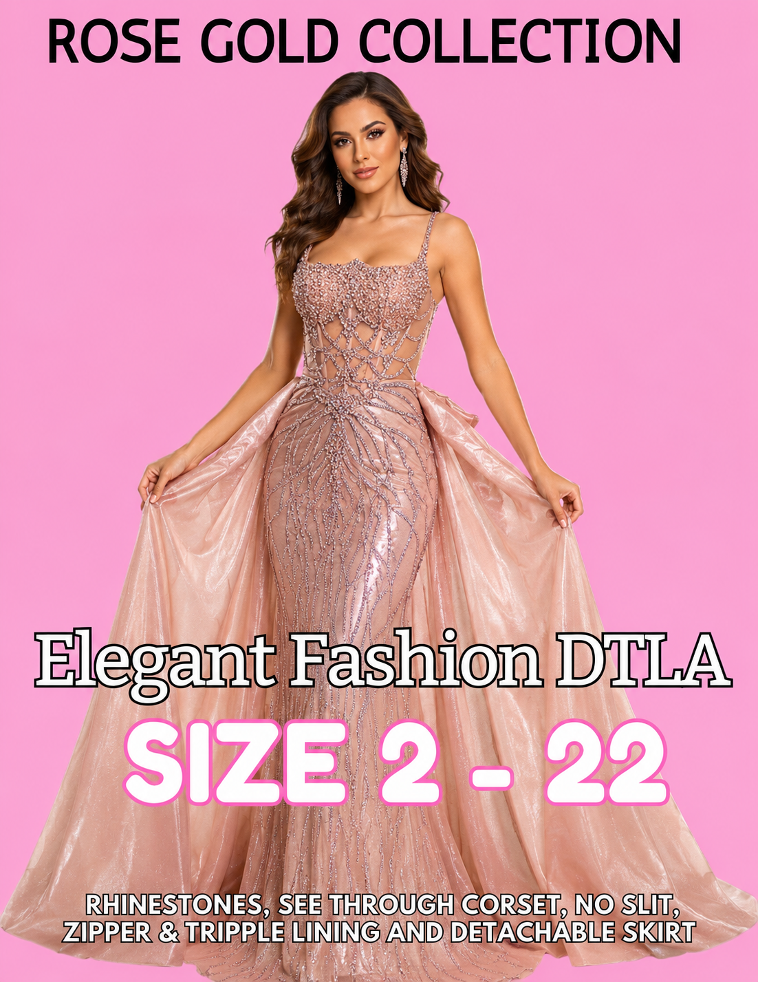 PLUS SIZE (SIZE 2-22)✨ Elegant Fashion✨ 2 COLORS: RHINESTONES W/DETACHABLE SKIRT