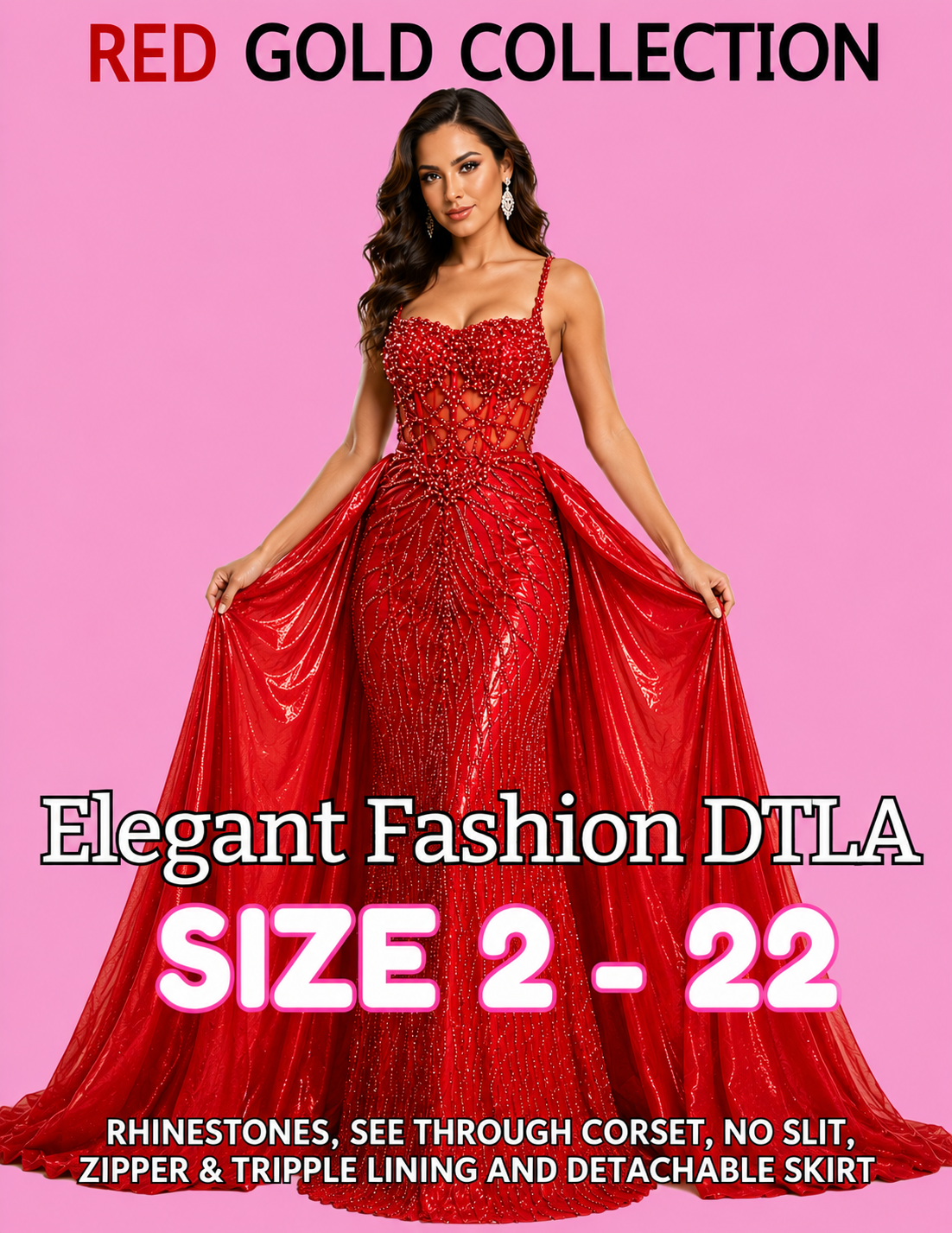 PLUS SIZE (SIZE 2-22)✨ Elegant Fashion✨ 2 COLORS: RHINESTONES W/DETACHABLE SKIRT