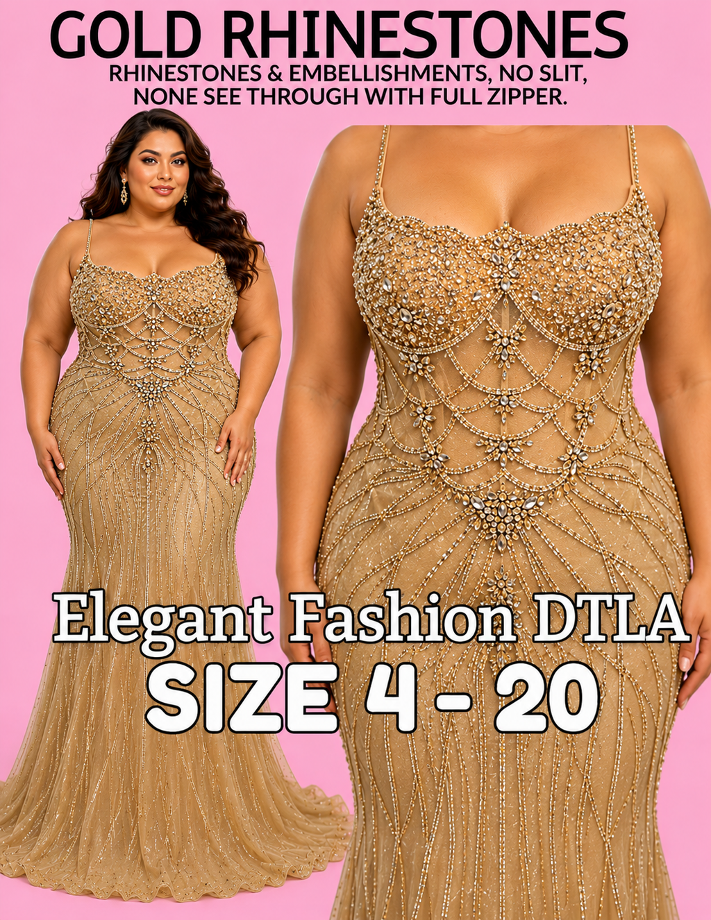 (SIZE 2-20) ✨ Elegant Fashion✨GOLD RHINESTONES